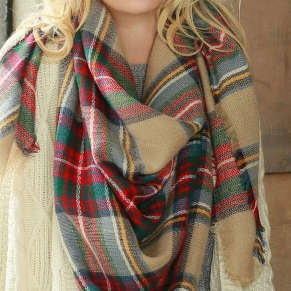 TAN Plaid Printed Oversized fall winter scarf - Picture 8 of 8